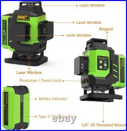 HUEPAR Laser Level 16 Lines Green +Two Li-ion Batteries and Hard Carry +Detector