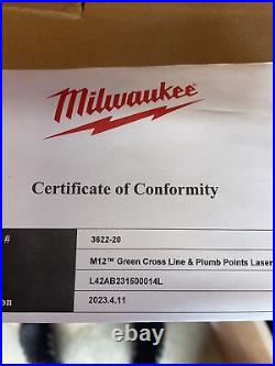Milwaukee 3622-20 M12 Green Cross Line & Plumb Points Laser Level